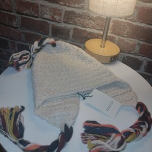 Gucci Cream Alpaca Wool Beanie with Multicolor Tassels